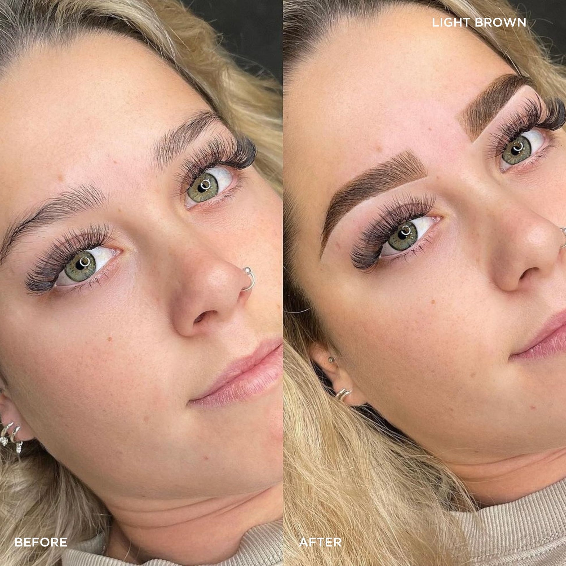 Before and after shot of model wearing color-light-brown